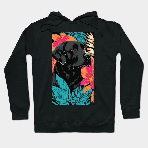 Black Labrador Retriever Dog Vibrant Tropical Flower Tall Retro Vintage Digital Pop Art Portrait 2 Hoodie by ArtHouseFlunky